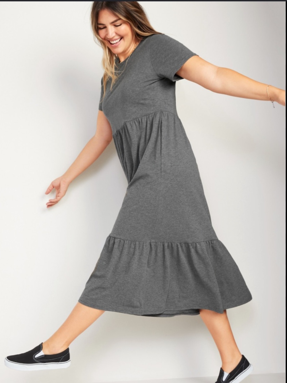 Old Navy Fit & Flare Short-Sleeve Tiered Grey Cotton Midi Dress